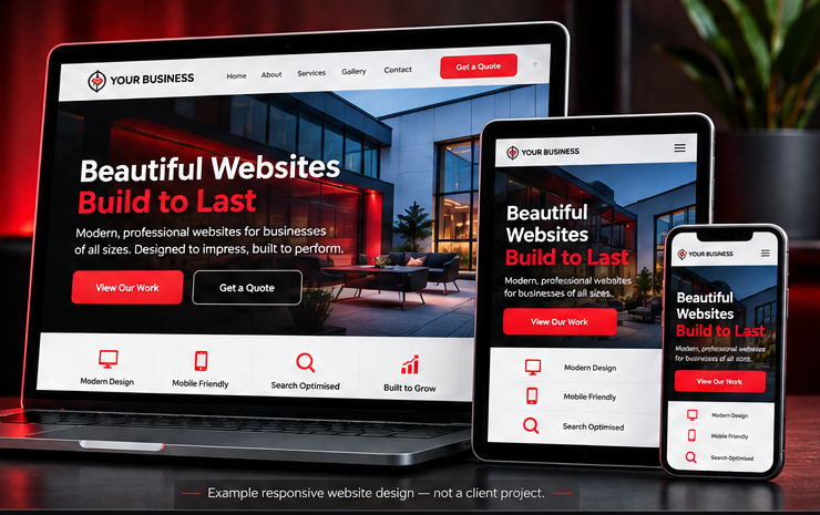 Example responsive website design displayed on laptop, tablet and phone